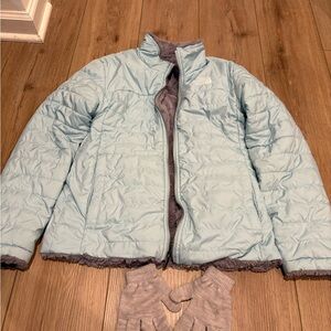 North Face Girls Reversible Mossbud Swirl Jacket - Light Blue/Grey